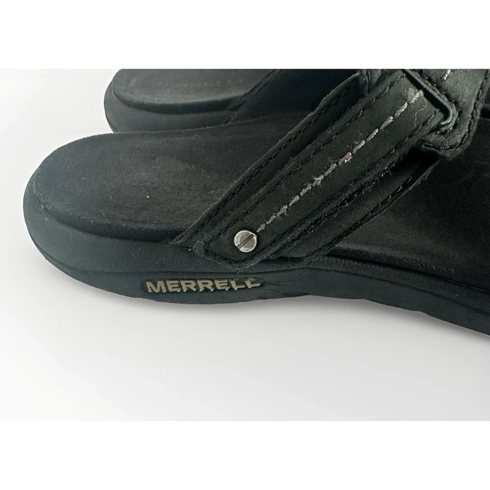 Merrell Womens 10 Black Leather Sport Sandals Adjustable Strap Comfort Walking